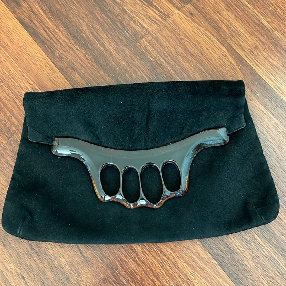 Vintage 1950’s Black Suede Tortoise Finger Handle Clutch